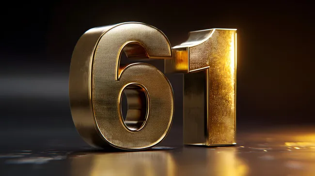Goldene Zahl 61 - Metallisch glänzende Ziffern auf dunklem Hintergrund