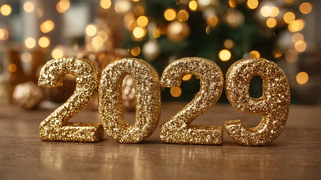 Goldene Zahlen 2029 vor Weihnachtsbaum-Bokeh