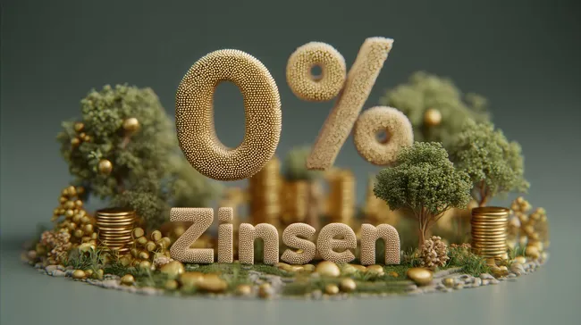 Goldene Zinsen und Münzen mit Blattwerk in Nahaufnahme