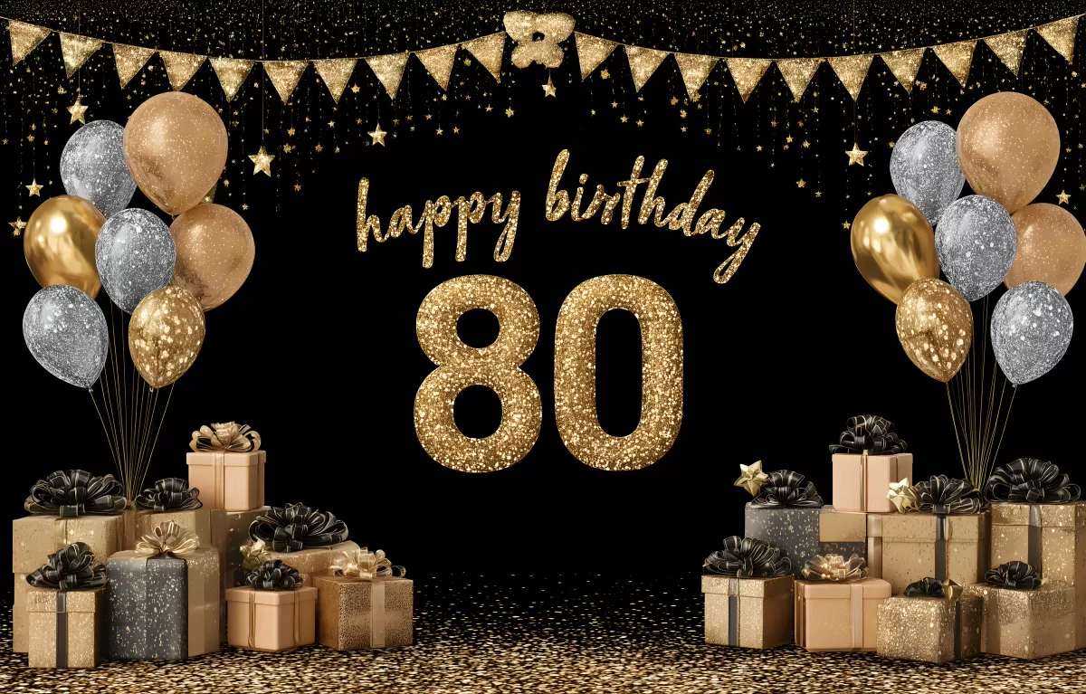 Goldener 80. Geburtstag mit Luftballons und Geschenken