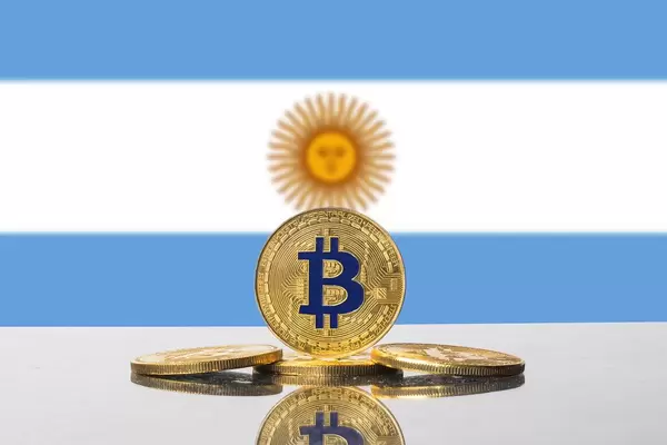 Goldener Bitcoin steht unter der Sonne auf der im Hintergrund sichtbaren Flagge von Argentinien