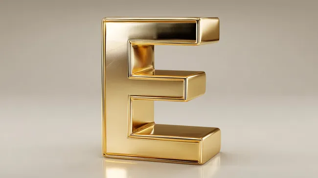 Goldener Buchstabe E in minimalistischer 3D-Darstellung