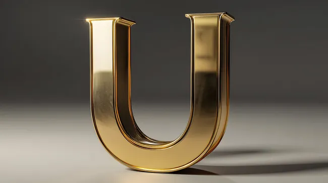 Goldener Buchstabe U auf grauem Studiohintergrund