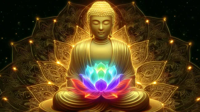 Goldener Buddha mit leuchtendem Lotusblumen-Mandala