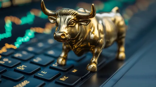 Goldener Bulle auf Computertastatur mit Finanzdaten