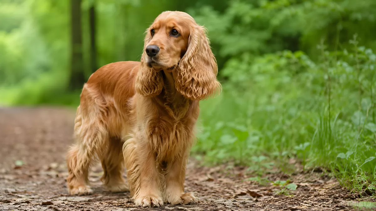Goldener Cocker Spaniel auf Waldweg im Sommer