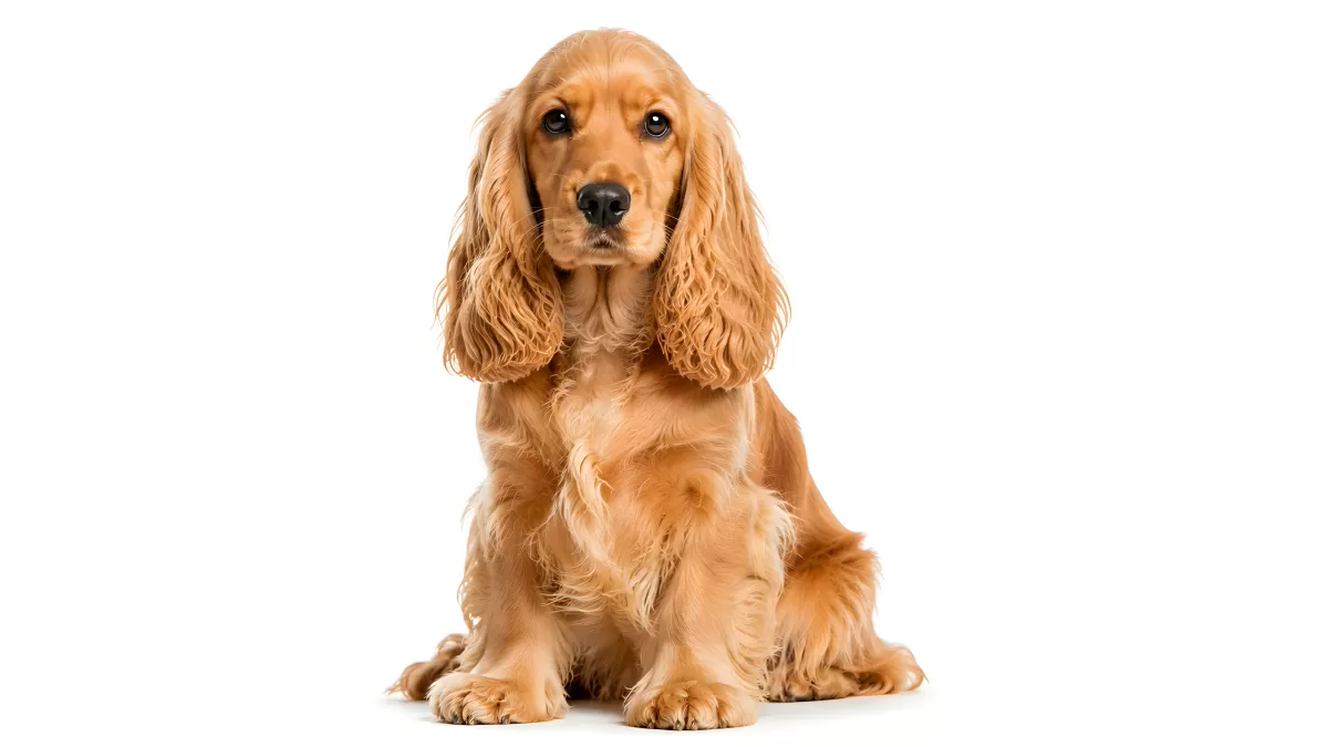 Goldener Cocker Spaniel Welpe sitzt auf weißem Grund