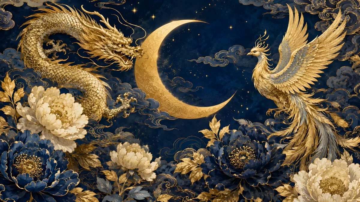 Goldener Drache und Phönix unter dem Sichelmond