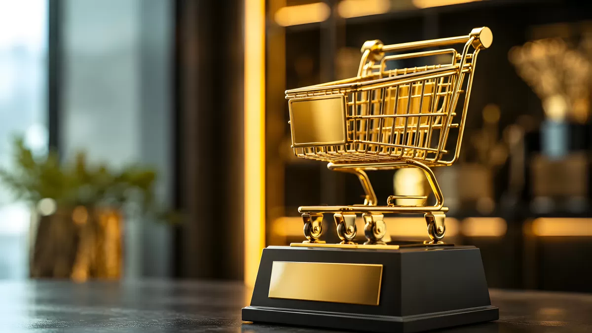 Goldener Einkaufswagen als Pokal auf schwarzem Podest