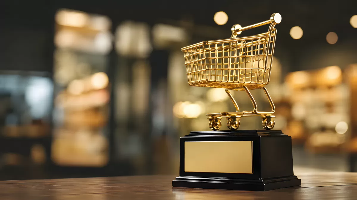 Goldener Einkaufswagen als Trophäe auf schwarzem Sockel