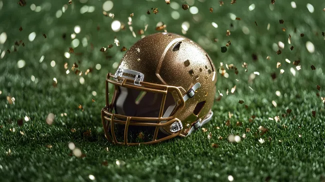 Goldener Footballhelm mit Konfetti auf grünem Rasen