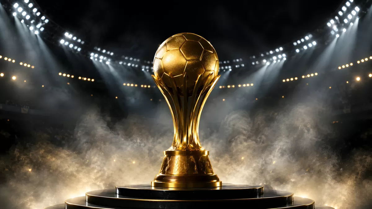 Goldener Fußball-Pokal auf beleuchtetem Podest im Stadion