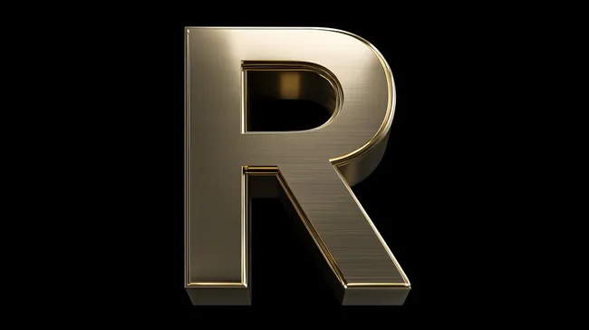 Goldener, gebürsteter Buchstabe 'R' auf schwarzem Hintergrund