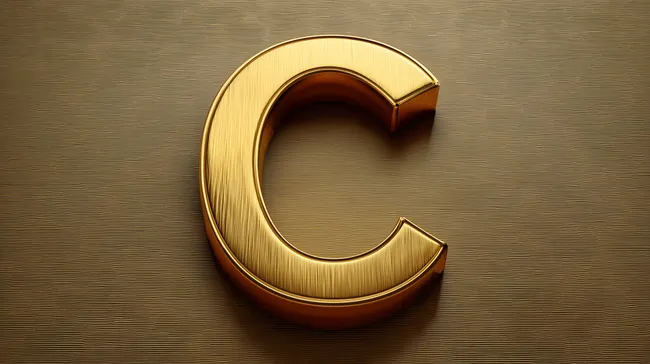 Goldener, glänzender Buchstabe C auf geriffeltem Hintergrund