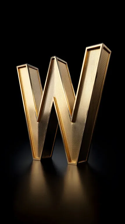 Goldener glänzender Buchstabe W auf schwarzem Hintergrund