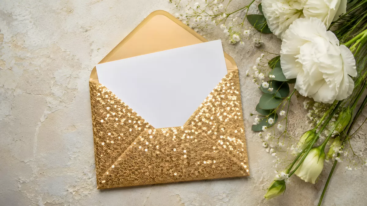 Goldener Glitzer-Umschlag mit weißer Karte und Blumen