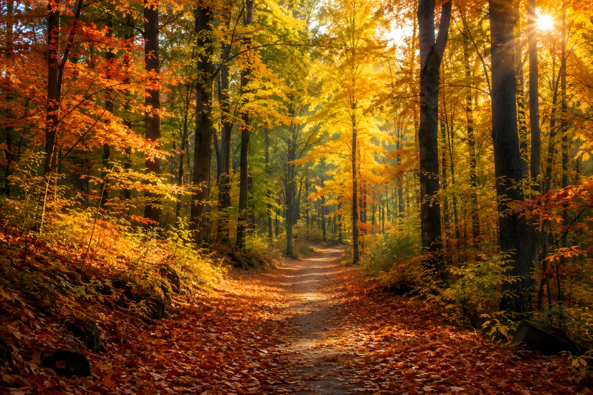 Goldener Herbstwald mit Sonnenstrahlen und Waldweg