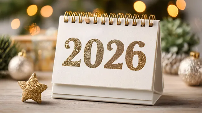 Goldener Kalender 2026 mit Weihnachtsdekor
