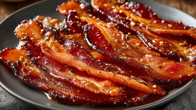 Goldener, knuspriger Speck mit Sesam auf Teller