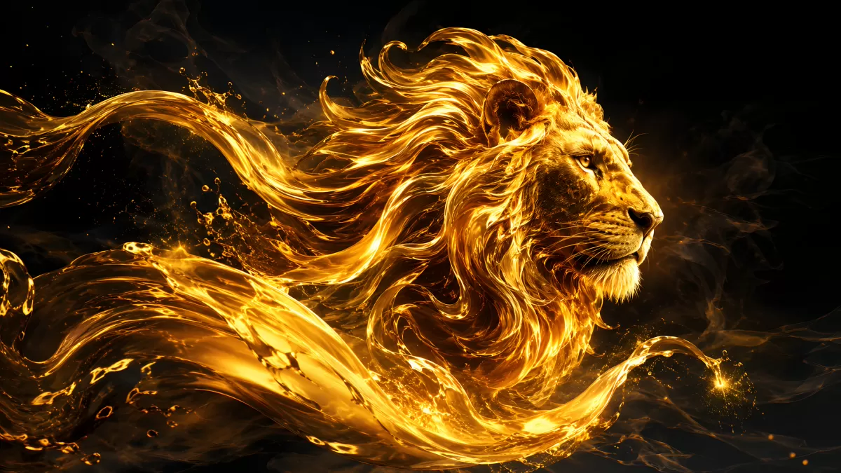 Goldener Löwe aus flüssigem Feuer auf schwarzem Hintergrund