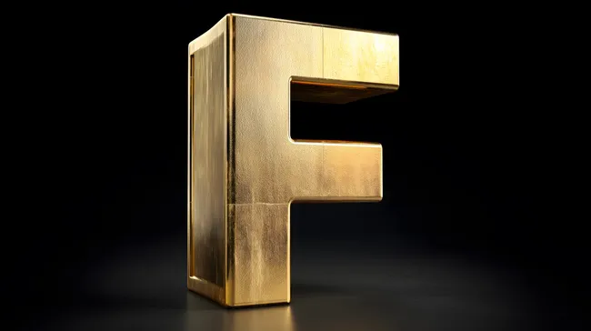 Goldener Metallbuchstabe 'F' auf schwarzem Hintergrund