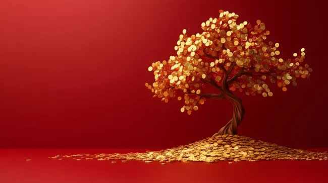 Goldener Münzbaum auf rotem Hintergrund