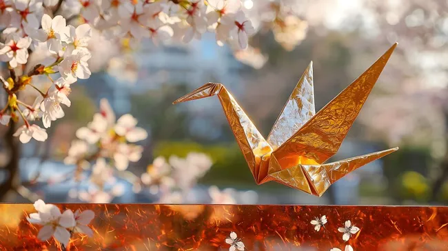 Goldener Origami-Kranich vor Kirschblüten im Frühling
