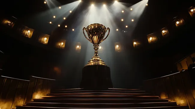 Goldener Pokal auf der Showbühne mit Scheinwerferlicht