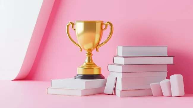 Goldener Pokal auf rosafarbener Oberfläche