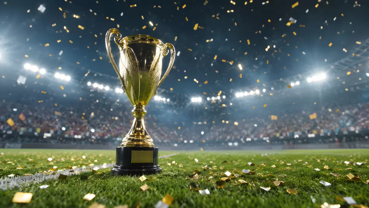 Goldener Pokal im Stadion mit Konfetti und Flutlicht