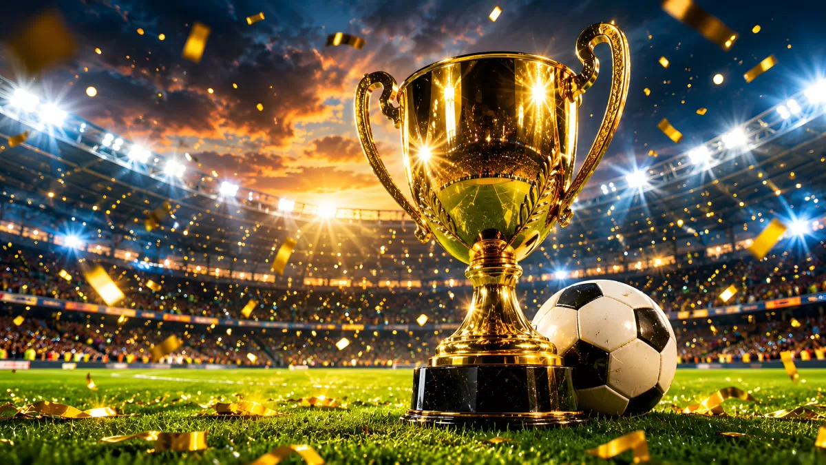 Goldener Pokal und Fußball im festlichen Stadion