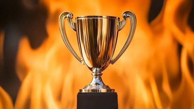 Goldener Pokal vor loderndem Feuer