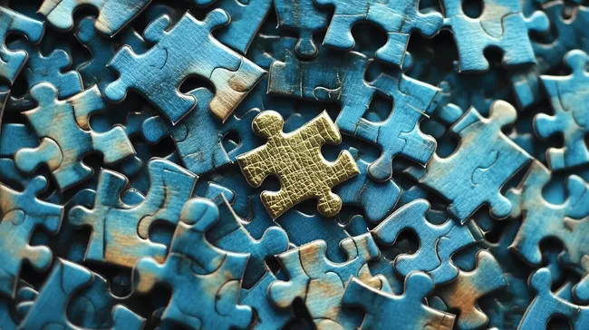 Goldener Puzzlestein zwischen blauen Teilen