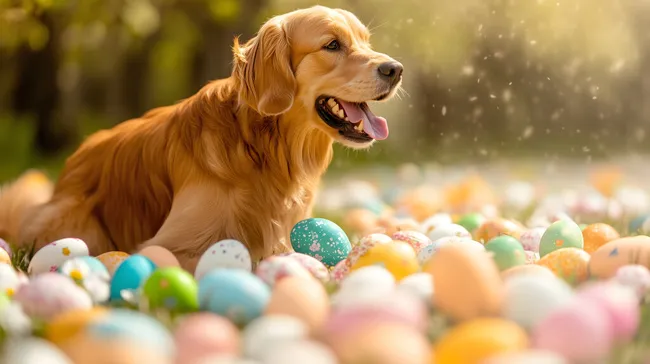 Goldener Retriever in Ostereierpracht