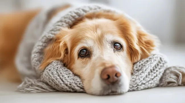 Goldener Retriever kuschelig in Decke gehüllt