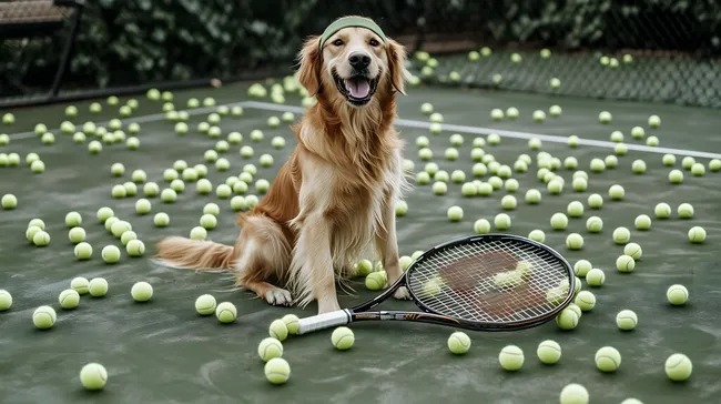 Goldener Retriever mit Schweißband auf Tennisplatz