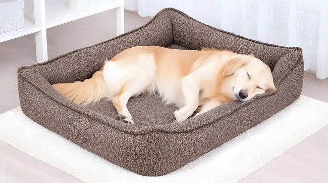 Goldener Retriever schläft gemütlich in braunem Hundekorb