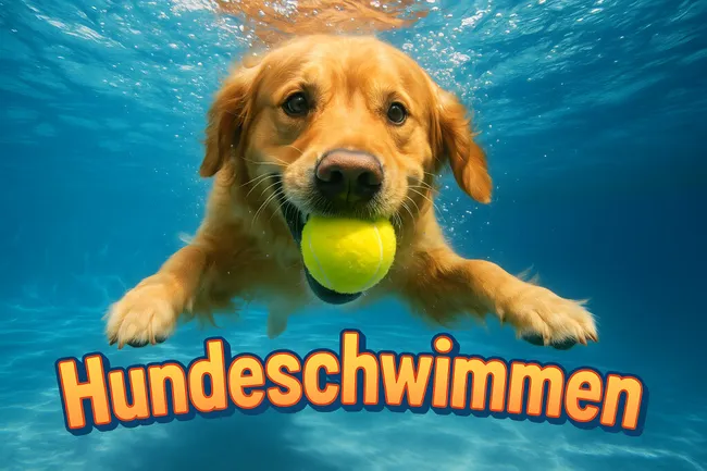 Goldener Retriever schwimmt mit Tennisball im Pool