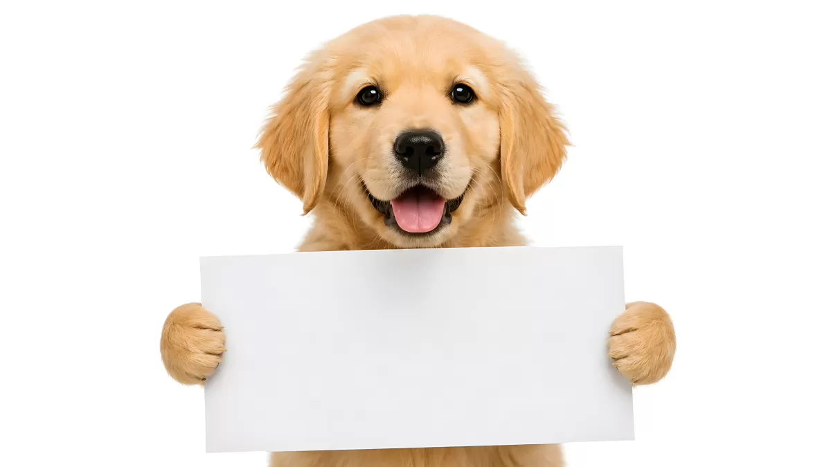 Goldener Retriever Welpe hält ein leeres Schild