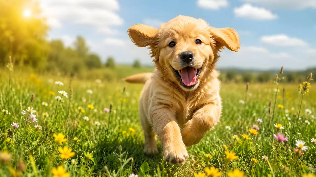 Goldener Retriever Welpe läuft durch Blumenwiese