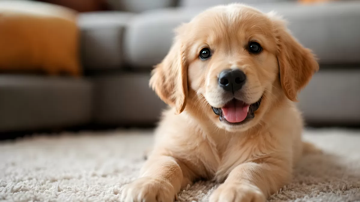 Goldener Retriever Welpe liegt lächelnd auf Teppich