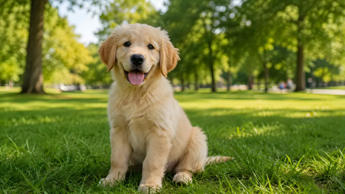 Goldener Retriever Welpe sitzt im grünen Park