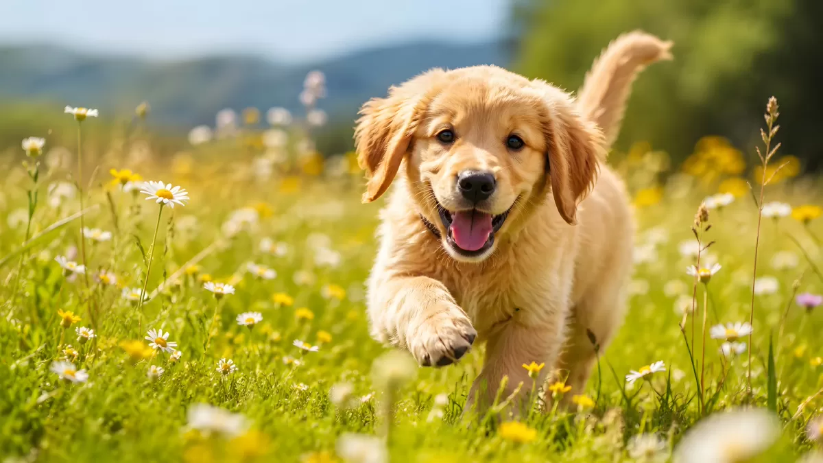 Goldener Retriever Welpe tobt in Blumenwiese