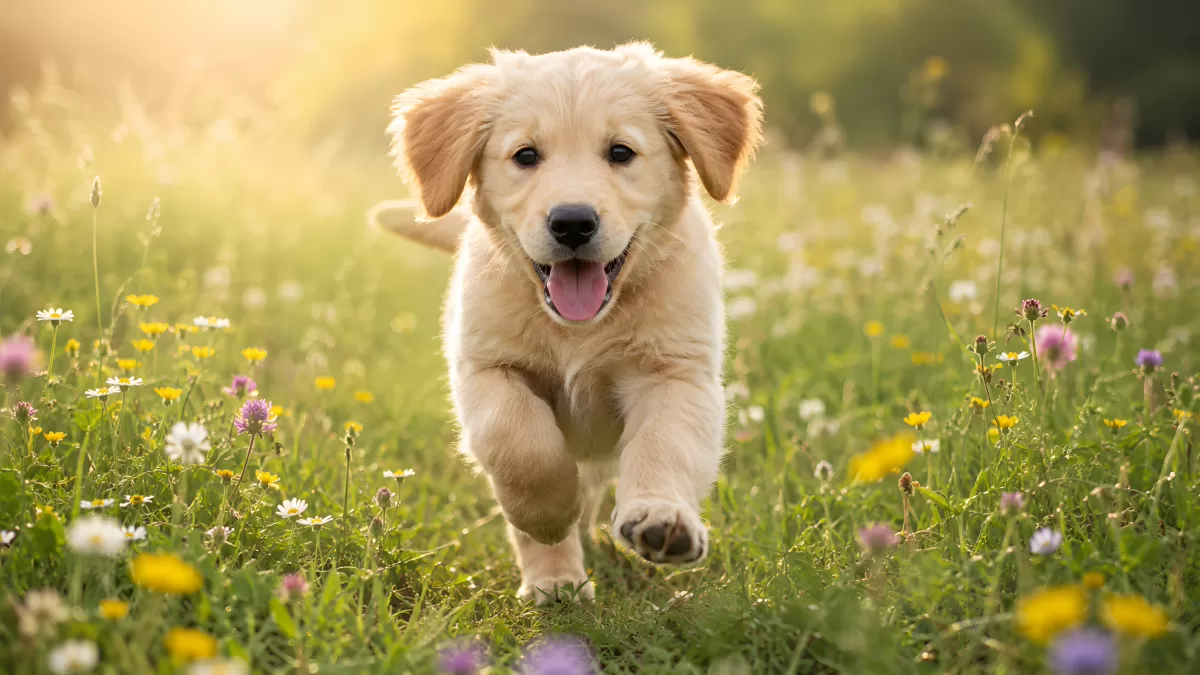 Goldener Retriever Welpe tobt über Blumenwiese
