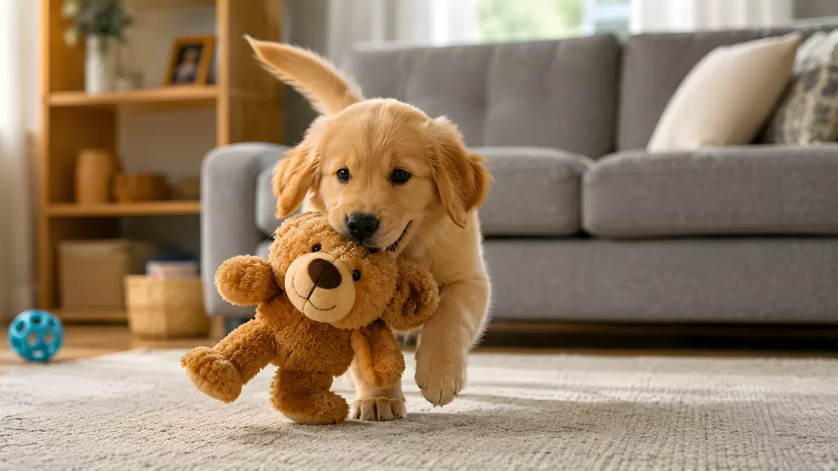 Goldener Retriever Welpe trägt Teddybär im Wohnzimmer