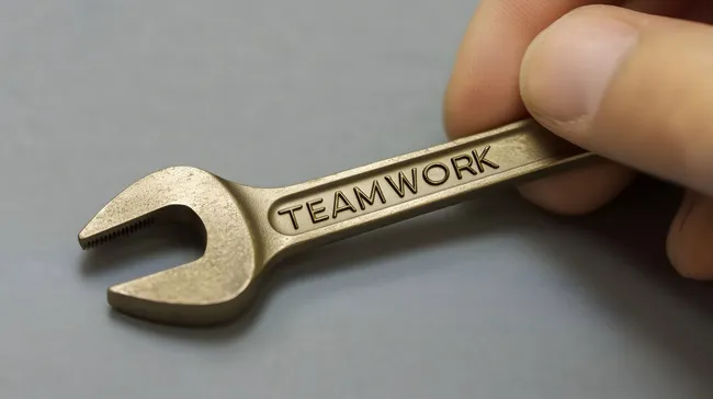 Goldener Schraubenschlüssel mit Teamwork-Gravur