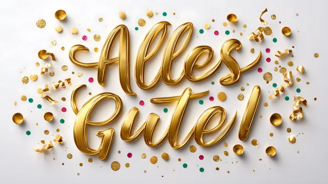 Goldener Schriftzug 'Alles Gute' mit Konfetti-Dekor