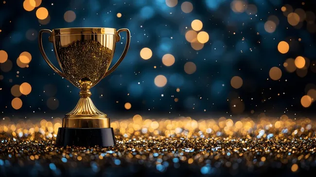Goldener Siegerpokal auf glitzerndem Hintergrund