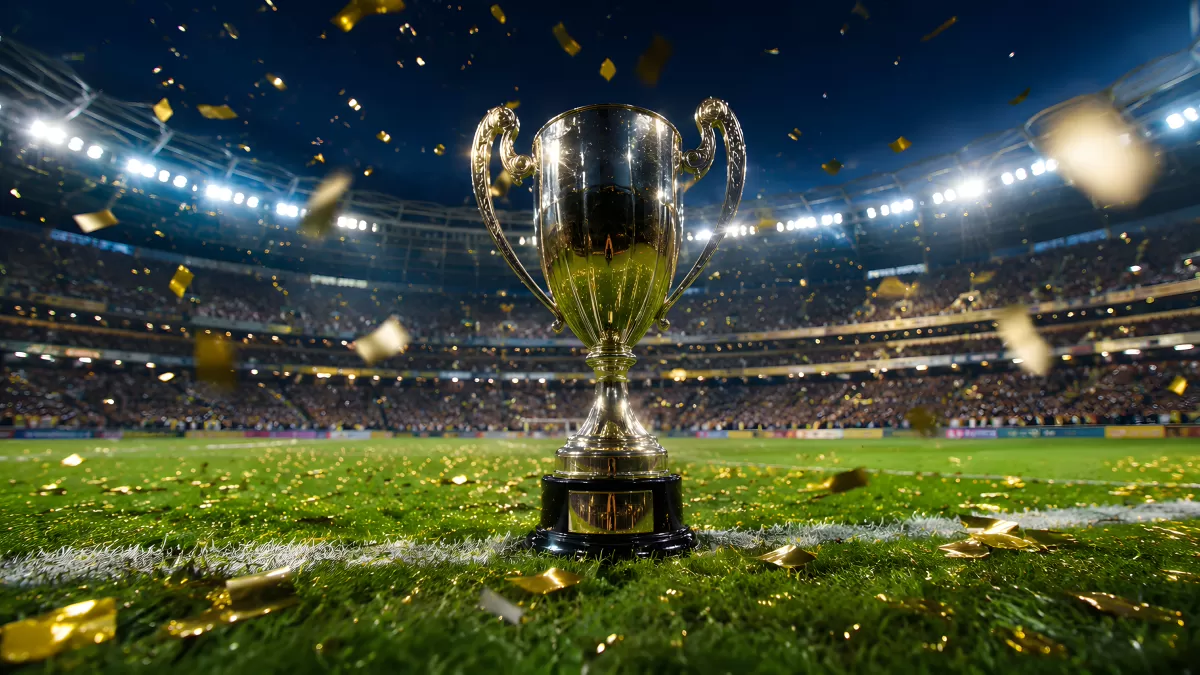 Goldener Siegerpokal im Fußballstadion mit Konfetti