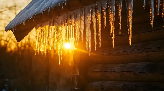 Goldener Sonnenuntergang hinter Eiszapfen an rustikaler Hütte